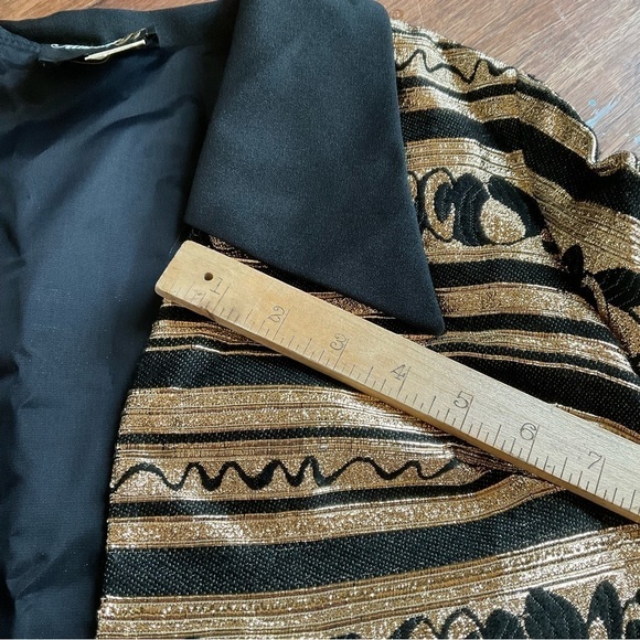 Vintage 70’s Gold Disco Jacket Shirt L Black Big Lapels, Baroque, lamé - Picture 8 of 10